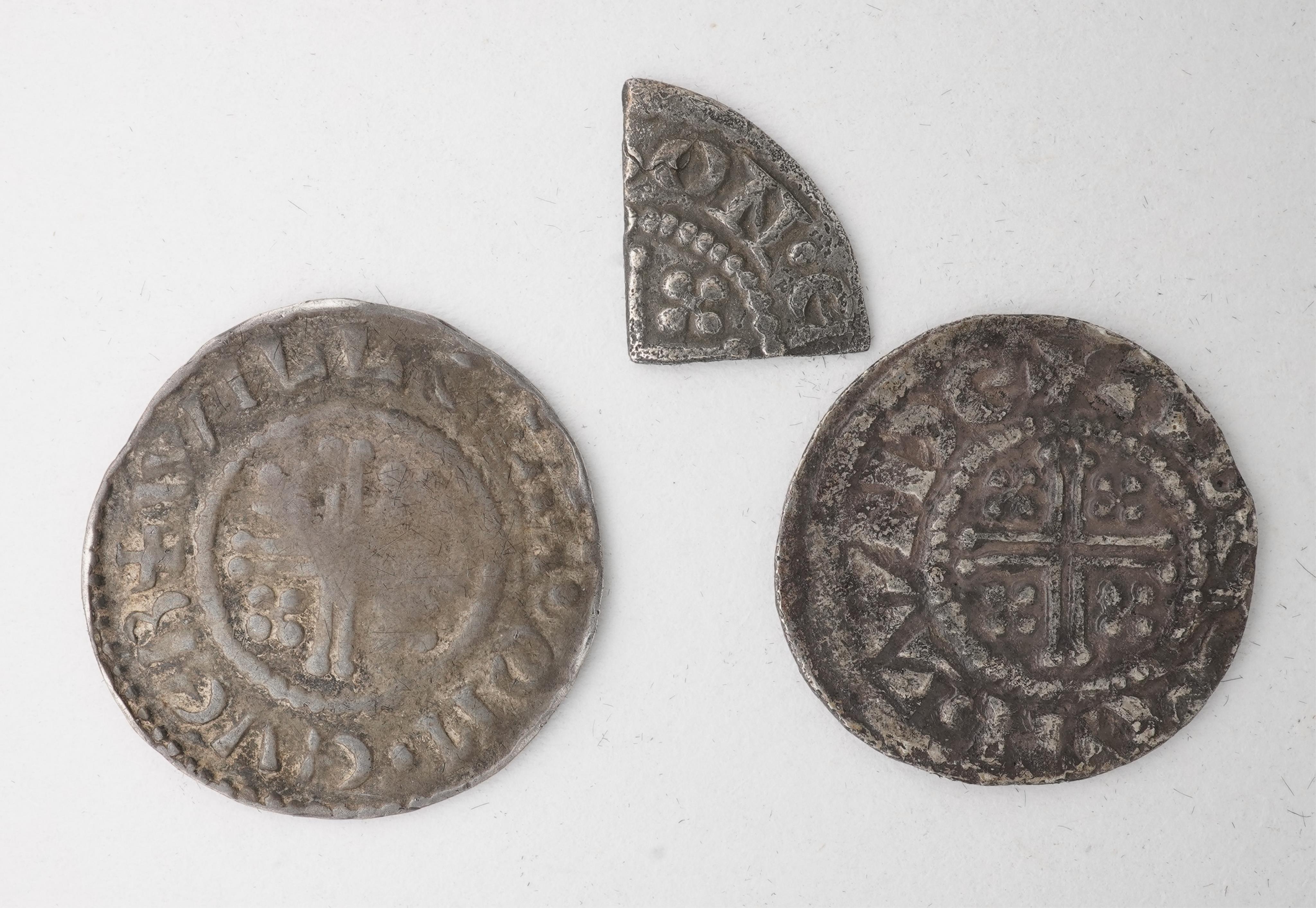 Three British hammered coins, Plantagenet Kings, Henry II (1154-1189), silver short cross penny, York, 1.4g, cut quarter penny, class 1b. Exeter or York, S. 1344, 0.3g, silver short cross penny, 1.3g (3)